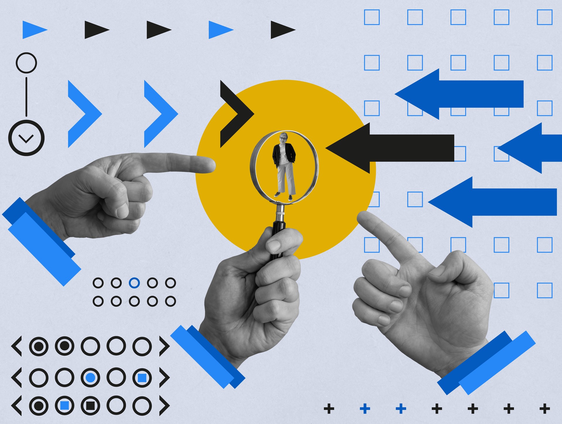 Collage about customer focus. The hand holds magnifying glass and a client.